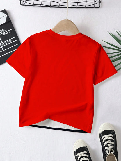 Baby Boy Casual Chic Motorsport Graphic Print Round Neck Short Sleeve T-Shirt, Fashionable For Summer