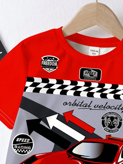Baby Boy Casual Chic Motorsport Graphic Print Round Neck Short Sleeve T-Shirt, Fashionable For Summer