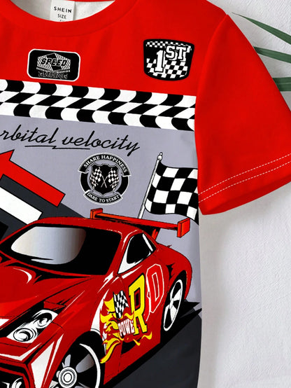 Baby Boy Casual Chic Motorsport Graphic Print Round Neck Short Sleeve T-Shirt, Fashionable For Summer