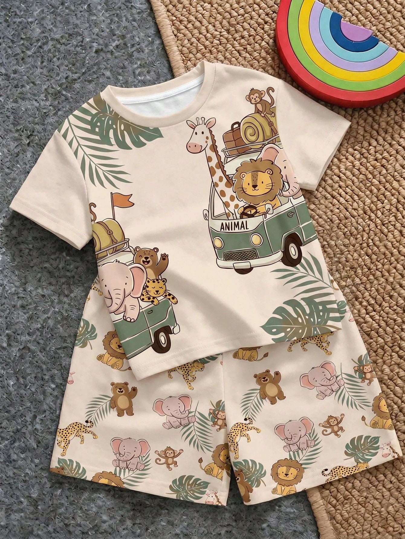 Baby Boy Casual Minimalist T-Shirt Set For Summer, Classic Cute Hand-Drawn Fairy Tale Animal World Pattern Print, Animal Protection Patrol, Leopard, Tiger, Lion, Zebra, Crocodile Pattern Print