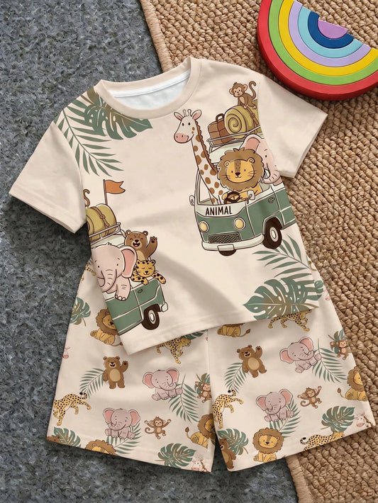 Baby Boy Casual Minimalist T-Shirt Set For Summer, Classic Cute Hand-Drawn Fairy Tale Animal World Pattern Print, Animal Protection Patrol, Leopard, Tiger, Lion, Zebra, Crocodile Pattern Print