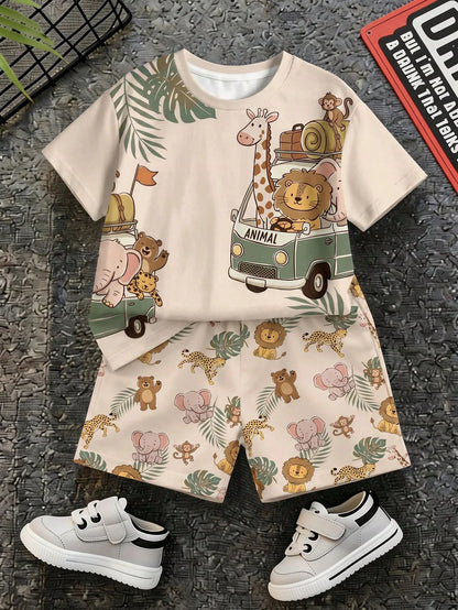 Baby Boy Casual Minimalist T-Shirt Set For Summer, Classic Cute Hand-Drawn Fairy Tale Animal World Pattern Print, Animal Protection Patrol, Leopard, Tiger, Lion, Zebra, Crocodile Pattern Print