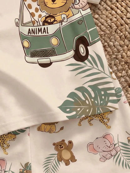 Baby Boy Casual Minimalist T-Shirt Set For Summer, Classic Cute Hand-Drawn Fairy Tale Animal World Pattern Print, Animal Protection Patrol, Leopard, Tiger, Lion, Zebra, Crocodile Pattern Print