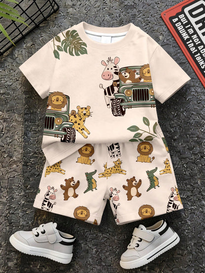 Baby Boy Casual Minimalist T-Shirt Set For Summer, Classic Cute Hand-Drawn Fairy Tale Animal World Pattern Print, Animal Protection Patrol, Leopard, Tiger, Lion, Zebra, Crocodile Pattern Print