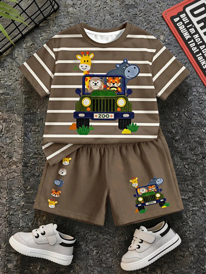 Baby Boy Casual Minimalist T-Shirt Set With Cartoon Pattern, Suitable For Summer,Fall Clothes