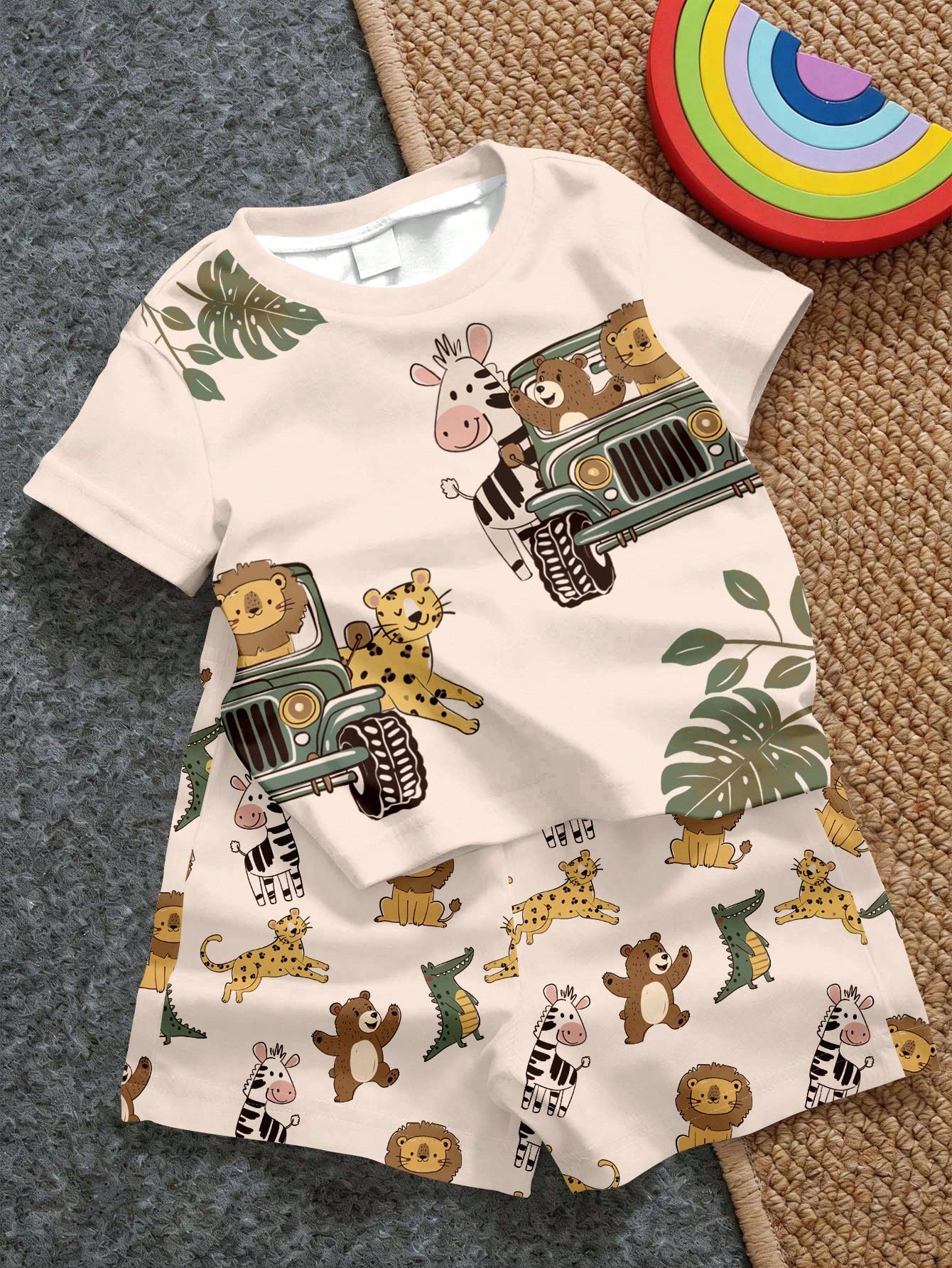 Baby Boy Casual Simple T-Shirt Set Suitable For Summer, Classic Cute Hand-Drawn Fairy Tale Animal World Pattern Print, Animal Protection Patrol, Leopard, Tiger, Lion, Zebra, Crocodile Pattern P