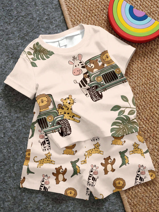 Baby Boy Casual Simple T-Shirt Set Suitable For Summer, Classic Cute Hand-Drawn Fairy Tale Animal World Pattern Print, Animal Protection Patrol, Leopard, Tiger, Lion, Zebra, Crocodile Pattern P