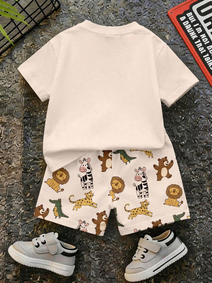 Baby Boy Casual Simple T-Shirt Set Suitable For Summer, Classic Cute Hand-Drawn Fairy Tale Animal World Pattern Print, Animal Protection Patrol, Leopard, Tiger, Lion, Zebra, Crocodile Pattern P