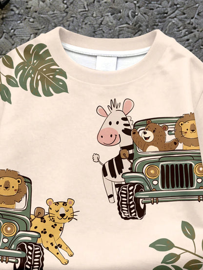 Baby Boy Casual Simple T-Shirt Set Suitable For Summer, Classic Cute Hand-Drawn Fairy Tale Animal World Pattern Print, Animal Protection Patrol, Leopard, Tiger, Lion, Zebra, Crocodile Pattern P