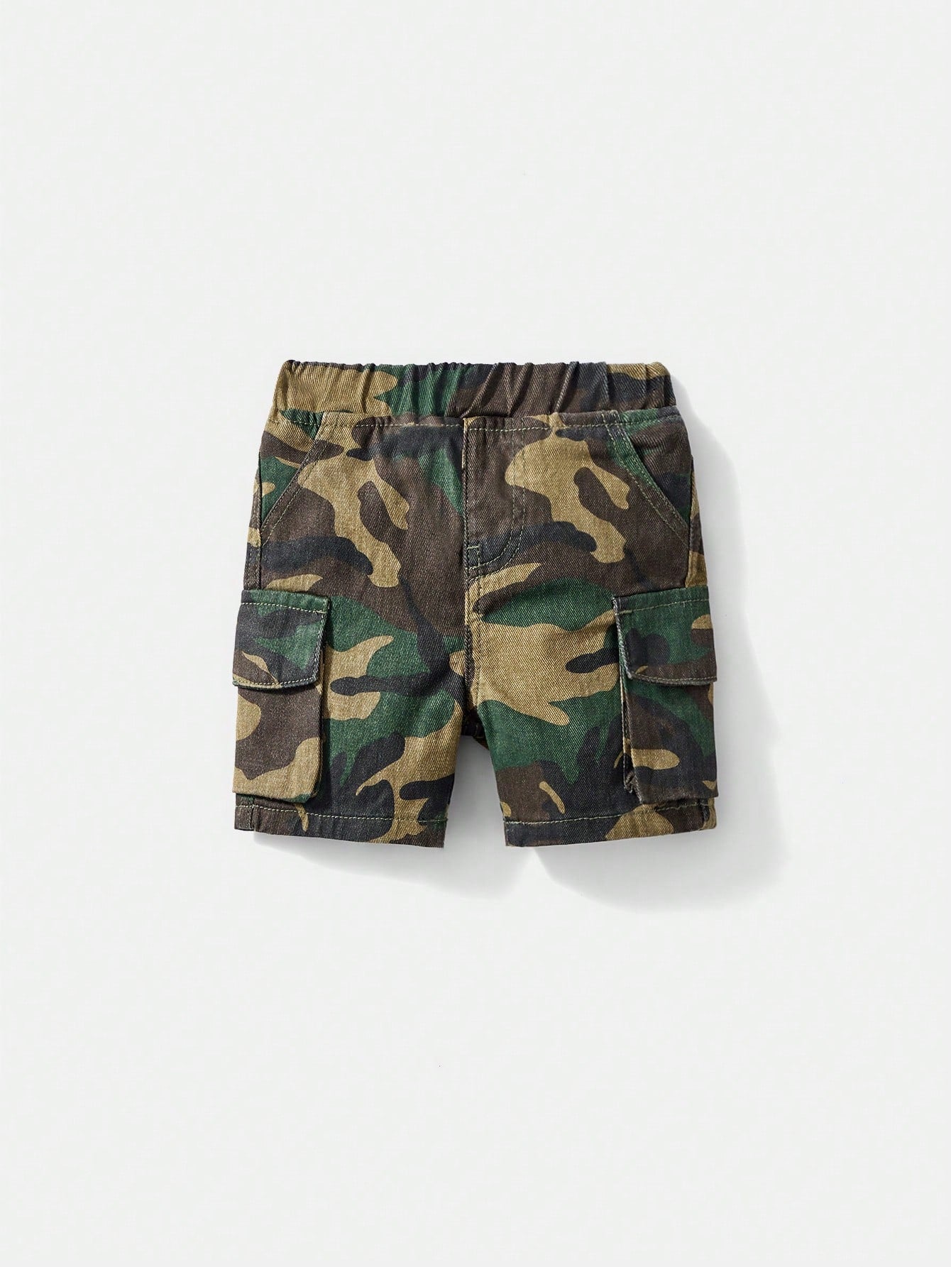 Baby Boy Dark Green Summer Casual Urban Street Cool Camouflage Loose Fit 100% Cotton Cargo Jean Shorts,Elastic Waistband,Front&Flap Patch Pockets