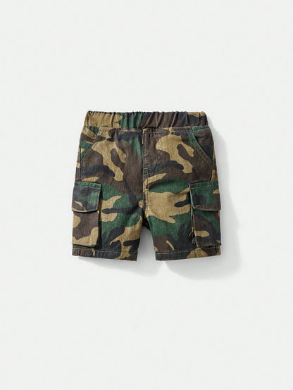 Baby Boy Dark Green Summer Casual Urban Street Cool Camouflage Loose Fit 100% Cotton Cargo Jean Shorts,Elastic Waistband,Front&Flap Patch Pockets