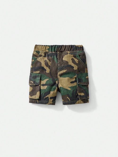 Baby Boy Dark Green Summer Casual Urban Street Cool Camouflage Loose Fit 100% Cotton Cargo Jean Shorts,Elastic Waistband,Front&Flap Patch Pockets