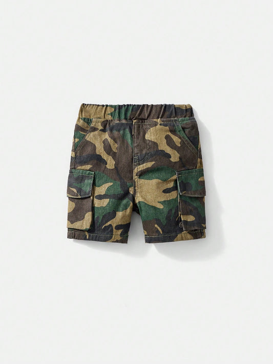 Baby Boy Dark Green Summer Casual Urban Street Cool Camouflage Loose Fit 100% Cotton Cargo Jean Shorts,Elastic Waistband,Front&Flap Patch Pockets