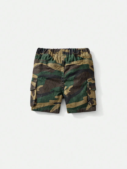 Baby Boy Dark Green Summer Casual Urban Street Cool Camouflage Loose Fit 100% Cotton Cargo Jean Shorts,Elastic Waistband,Front&Flap Patch Pockets