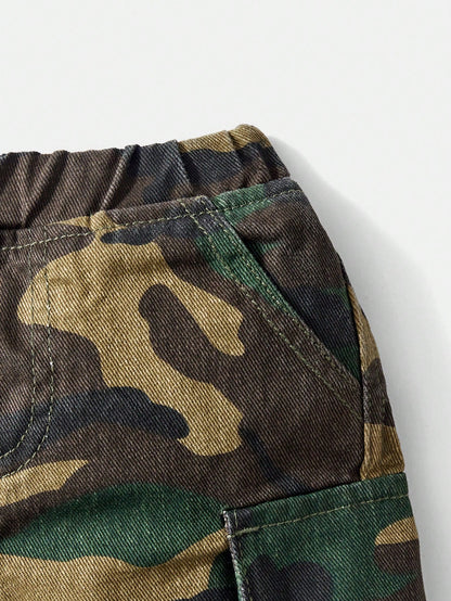 Baby Boy Dark Green Summer Casual Urban Street Cool Camouflage Loose Fit 100% Cotton Cargo Jean Shorts,Elastic Waistband,Front&Flap Patch Pockets