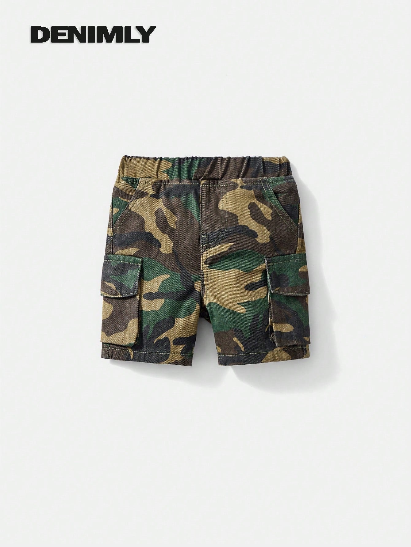 Baby Boy Dark Green Summer Casual Urban Street Cool Camouflage Loose Fit 100% Cotton Cargo Jean Shorts,Elastic Waistband,Front&Flap Patch Pockets