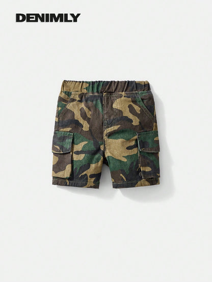 Baby Boy Dark Green Summer Casual Urban Street Cool Camouflage Loose Fit 100% Cotton Cargo Jean Shorts,Elastic Waistband,Front&Flap Patch Pockets