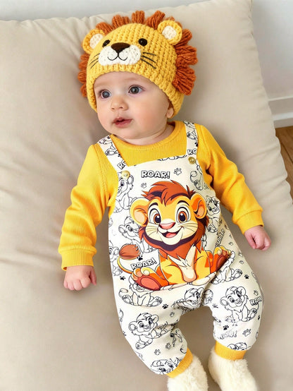 Baby Boy/Girl Cute Lion Print Long Sleeve Winter Jumpsuit,White Autumn Basic Outfit For Indoor Outdoor,Matching Family Casual Versatile Daily Wear