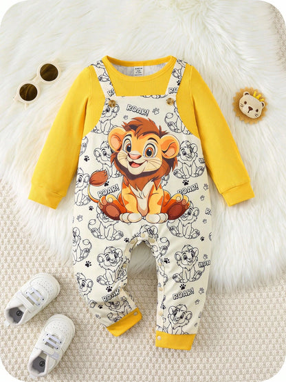 Baby Boy/Girl Cute Lion Print Long Sleeve Winter Jumpsuit,White Autumn Basic Outfit For Indoor Outdoor,Matching Family Casual Versatile Daily Wear