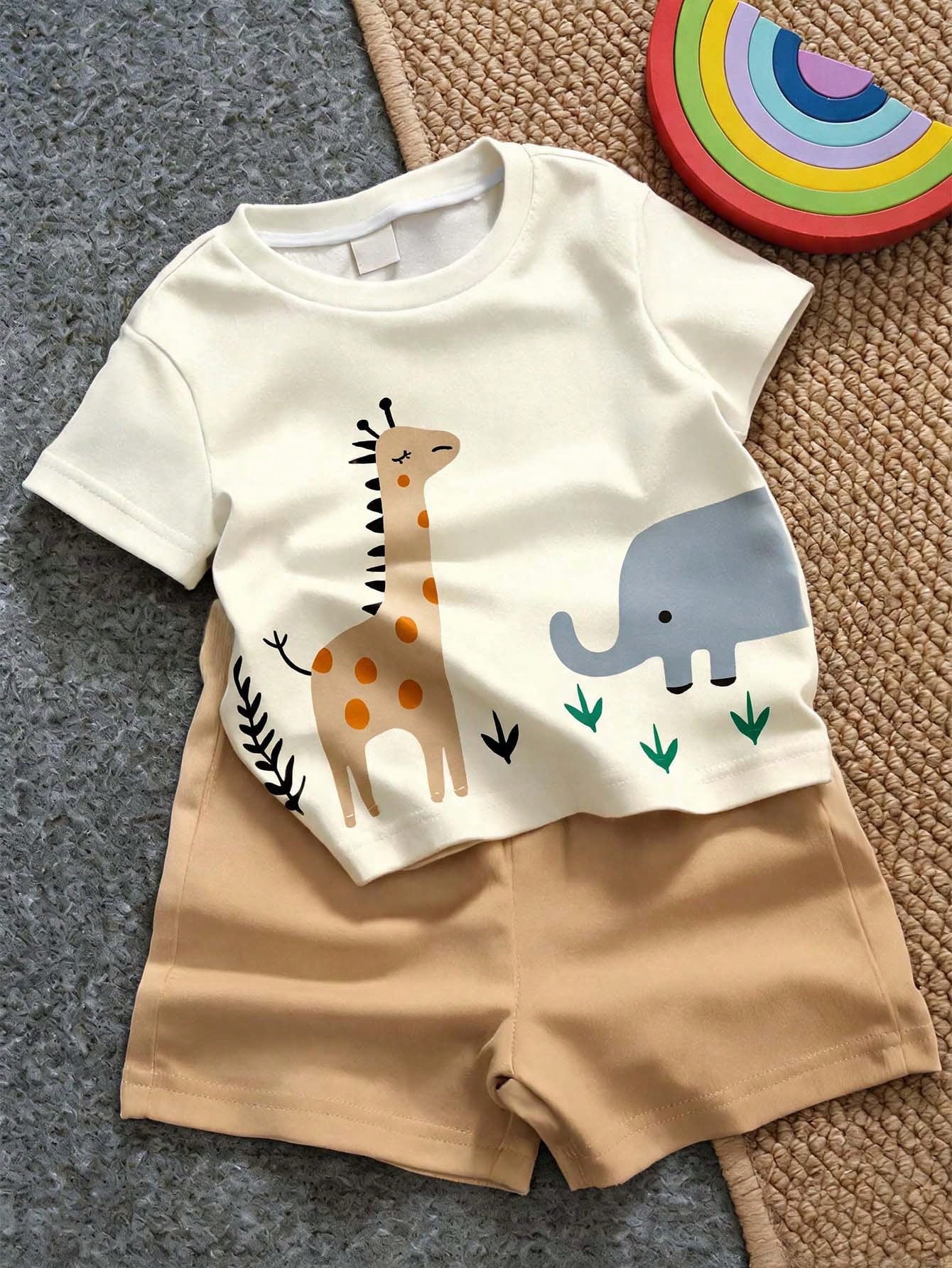 Baby Boy Soft Summer Colour Palette,Summer,Casual,Cute,Family Matching Minimalist T-Shirt Set,Giraffe Elephant Print Graphic Tee & Shorts Outfit
