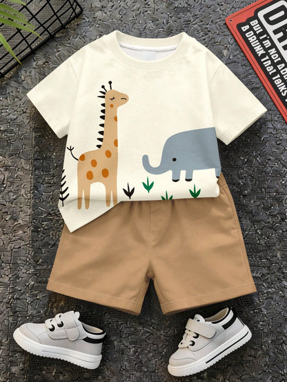 Baby Boy Soft Summer Colour Palette,Summer,Casual,Cute,Family Matching Minimalist T-Shirt Set,Giraffe Elephant Print Graphic Tee & Shorts Outfit