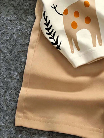 Baby Boy Soft Summer Colour Palette,Summer,Casual,Cute,Family Matching Minimalist T-Shirt Set,Giraffe Elephant Print Graphic Tee & Shorts Outfit