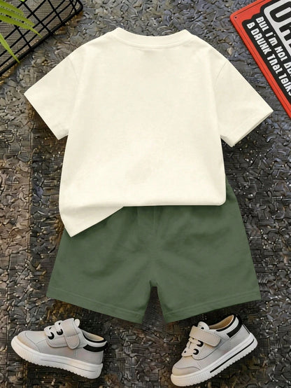 Baby Boy Soft Summer Colour Palette,Summer,Casual,Cute,Family Matching Minimalist T-Shirt Set,Giraffe Elephant Print Graphic Tee & Shorts Outfit