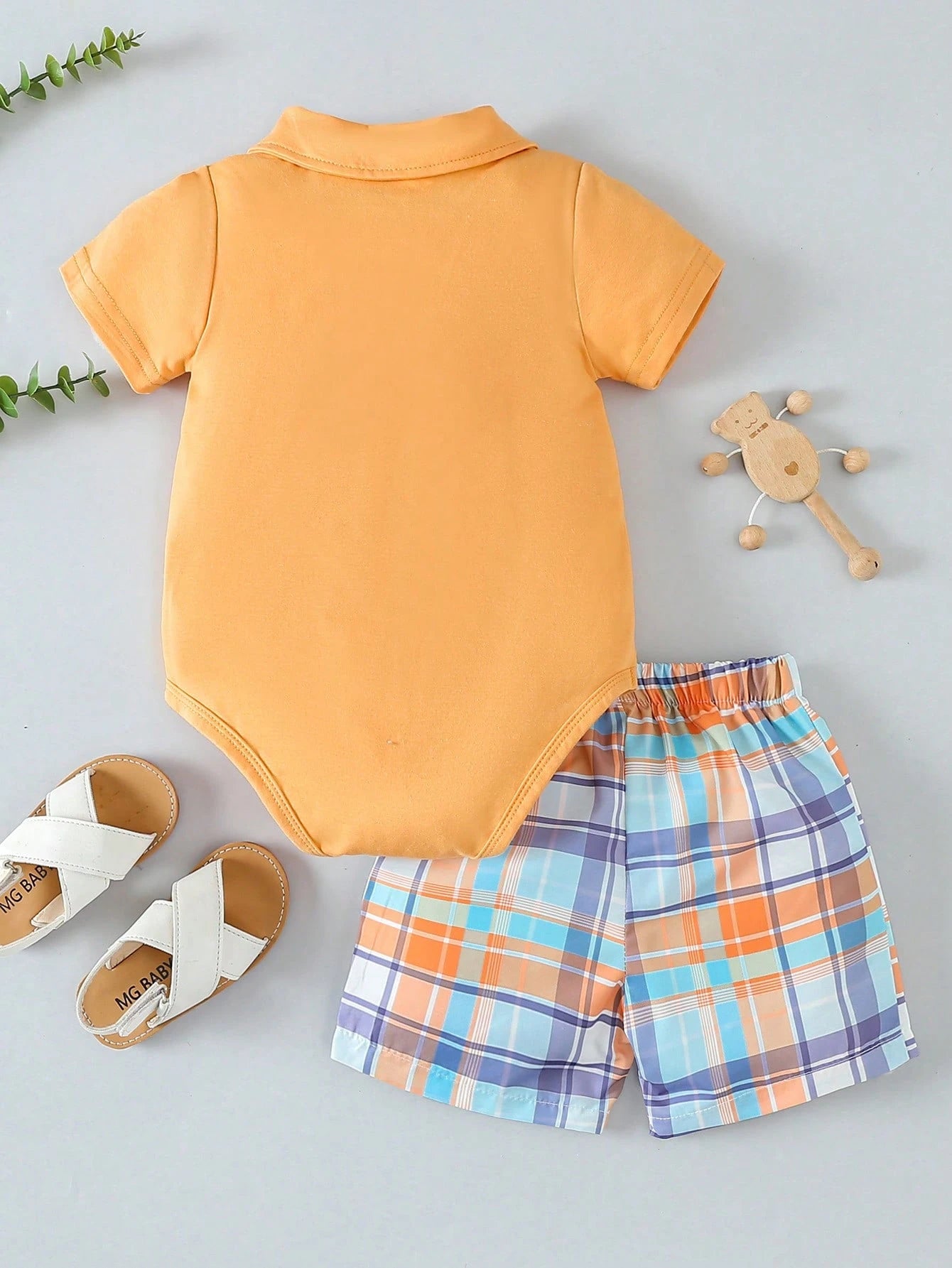 Baby Boy Solid Color Short Sleeve Bodysuit With Pocket Shirt Collar And Plaid Shorts Set, Spring/Summer Casual Outfit
