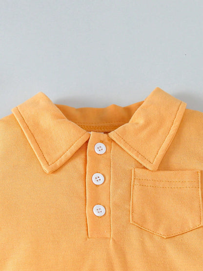 Baby Boy Solid Color Short Sleeve Bodysuit With Pocket Shirt Collar And Plaid Shorts Set, Spring/Summer Casual Outfit