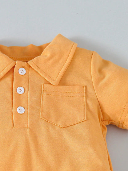 Baby Boy Solid Color Short Sleeve Bodysuit With Pocket Shirt Collar And Plaid Shorts Set, Spring/Summer Casual Outfit