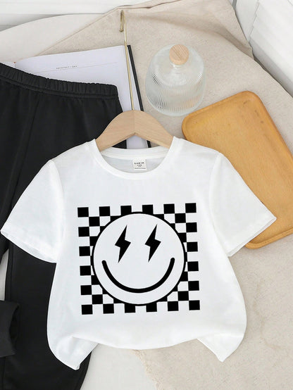 Baby Boys Black And White Summer Casual Cute Beach Pants Set,Graffiti Handpainted Smiling Face English Letter Y2K Style Round Neck Short Sleeve Fall