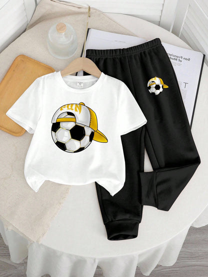 Baby Boys Black And White Summer Casual Cute Beach Pants Set,Graffiti Handpainted Smiling Face English Letter Y2K Style Round Neck Short Sleeve Fall