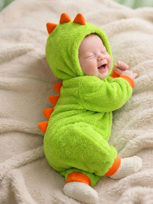 Baby Boys Cute Dinosaur Hooded Romper,Thermal Lined Green Winter Autumn Outfit,Cute Modest Home Sibling Matching Fashionable Christmas New Year Wear