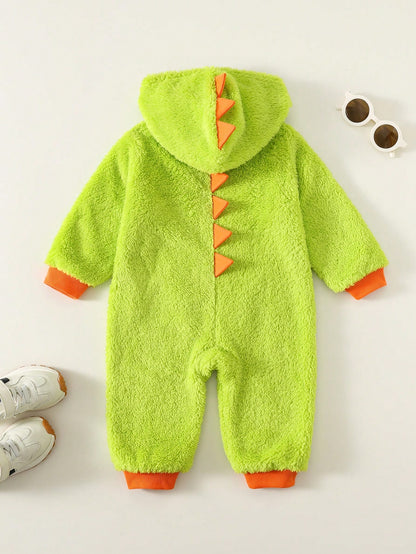 Baby Boys Cute Dinosaur Hooded Romper,Thermal Lined Green Winter Autumn Outfit,Cute Modest Home Sibling Matching Fashionable Christmas New Year Wear