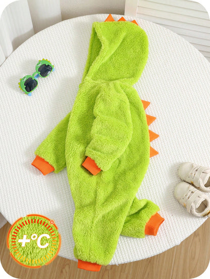 Baby Boys Cute Dinosaur Hooded Romper,Thermal Lined Green Winter Autumn Outfit,Cute Modest Home Sibling Matching Fashionable Christmas New Year Wear