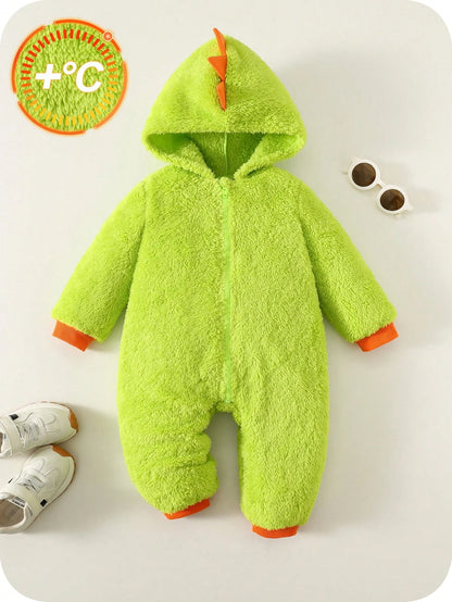 Baby Boys Cute Dinosaur Hooded Romper,Thermal Lined Green Winter Autumn Outfit,Cute Modest Home Sibling Matching Fashionable Christmas New Year Wear