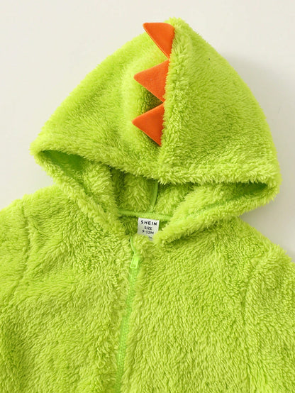 Baby Boys Cute Dinosaur Hooded Romper,Thermal Lined Green Winter Autumn Outfit,Cute Modest Home Sibling Matching Fashionable Christmas New Year Wear