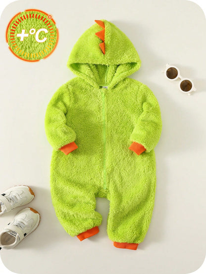 Baby Boys Cute Dinosaur Hooded Romper,Thermal Lined Green Winter Autumn Outfit,Cute Modest Home Sibling Matching Fashionable Christmas New Year Wear