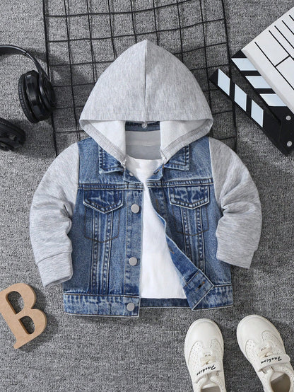 Baby Boys' Denim Jacket,Autumn/Winter Knit Hoodie Patchwork,Vintage Medium Wash Blue,Heather Gray,Casual,Back-To-School,Blue And White Stripe,Autumn