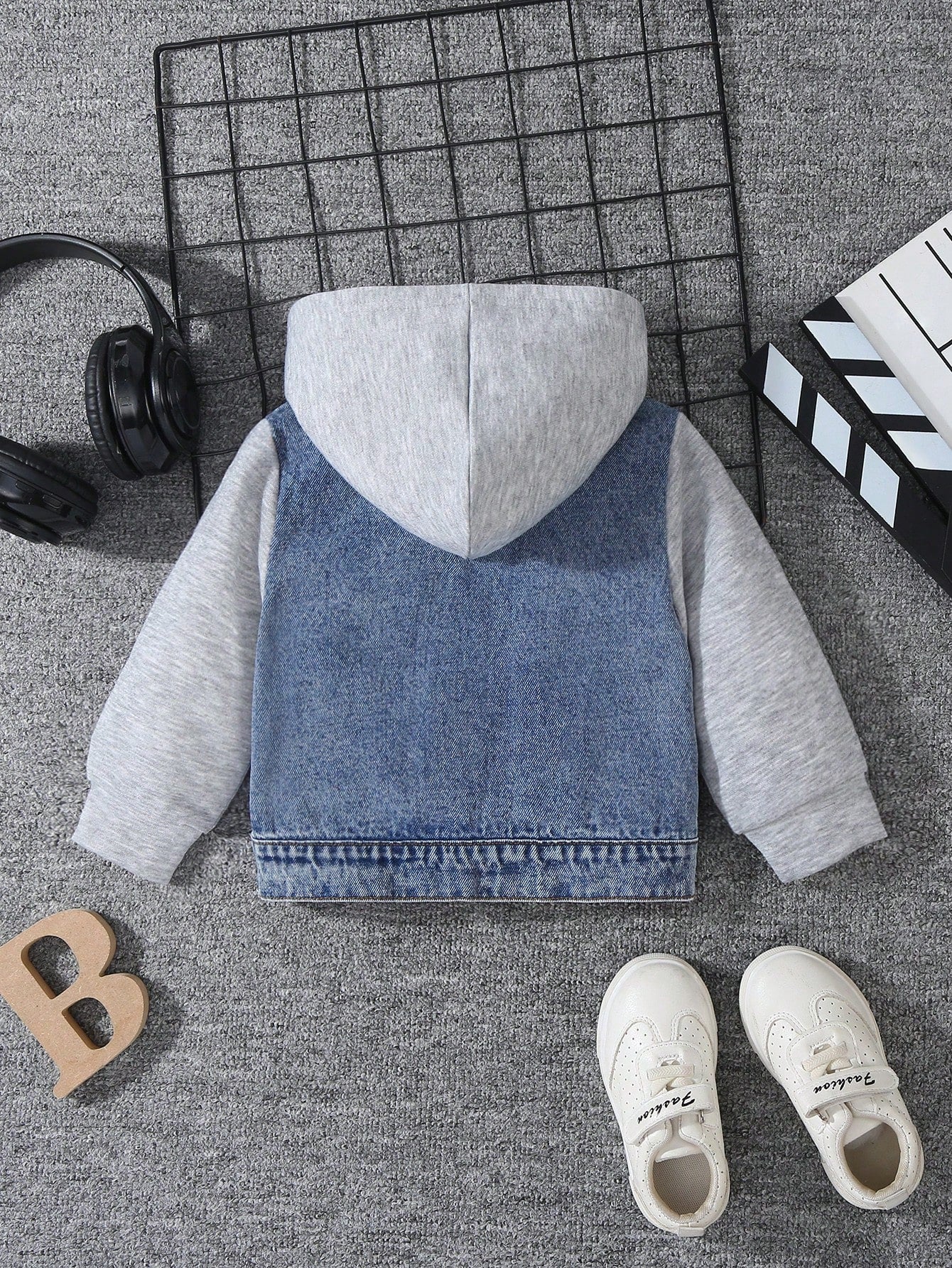 Baby Boys' Denim Jacket,Autumn/Winter Knit Hoodie Patchwork,Vintage Medium Wash Blue,Heather Gray,Casual,Back-To-School,Blue And White Stripe,Autumn