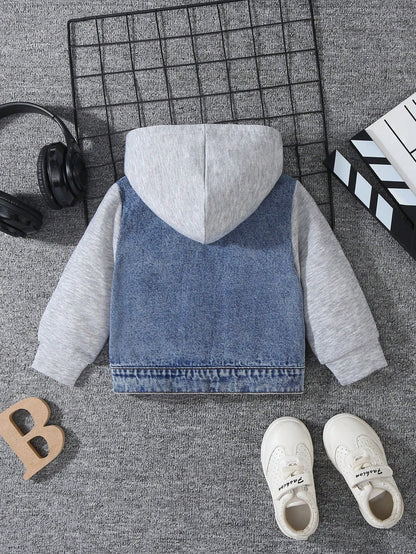 Baby Boys' Denim Jacket,Autumn/Winter Knit Hoodie Patchwork,Vintage Medium Wash Blue,Heather Gray,Casual,Back-To-School,Blue And White Stripe,Autumn