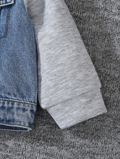 Baby Boys' Denim Jacket,Autumn/Winter Knit Hoodie Patchwork,Vintage Medium Wash Blue,Heather Gray,Casual,Back-To-School,Blue And White Stripe,Autumn