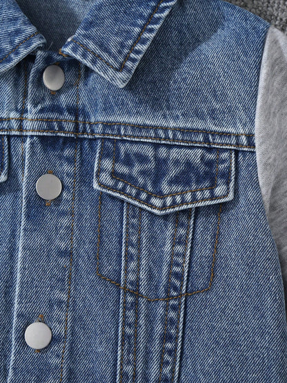 Baby Boys' Denim Jacket,Autumn/Winter Knit Hoodie Patchwork,Vintage Medium Wash Blue,Heather Gray,Casual,Back-To-School,Blue And White Stripe,Autumn