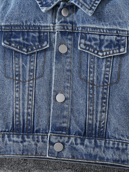Baby Boys' Denim Jacket,Autumn/Winter Knit Hoodie Patchwork,Vintage Medium Wash Blue,Heather Gray,Casual,Back-To-School,Blue And White Stripe,Autumn
