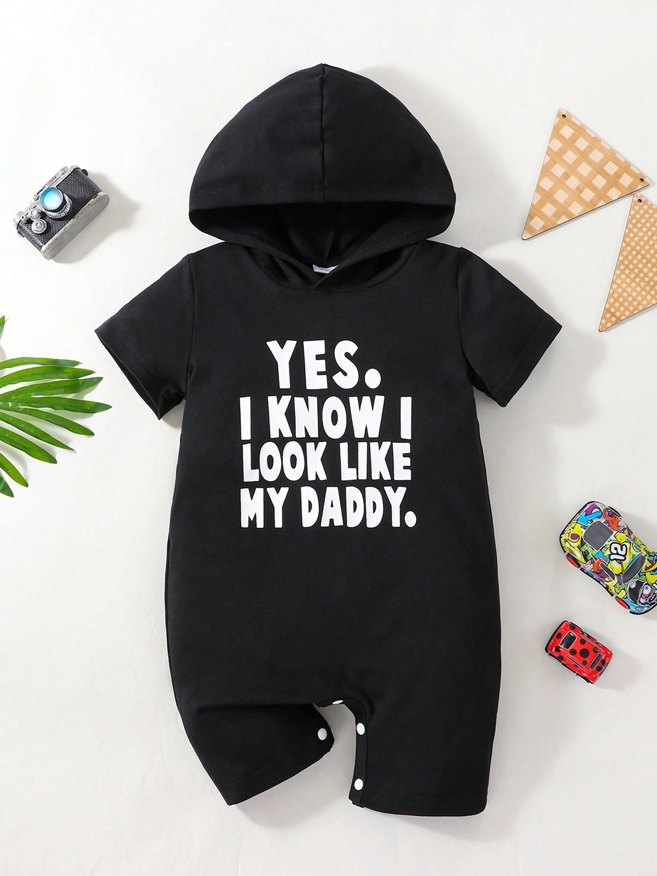 Baby Boys Hooded Short Sleeve Romper, Funny English Letter Print Pattern, Baby Casual Jumpsuit For Summer