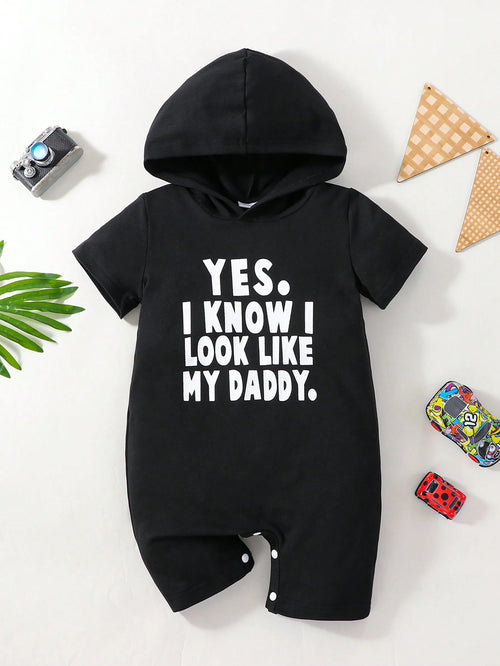 Baby Boys Hooded Short Sleeve Romper, Funny English Letter Print Pattern, Baby Casual Jumpsuit For Summer