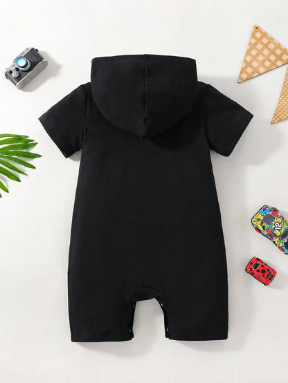 Baby Boys Hooded Short Sleeve Romper, Funny English Letter Print Pattern, Baby Casual Jumpsuit For Summer
