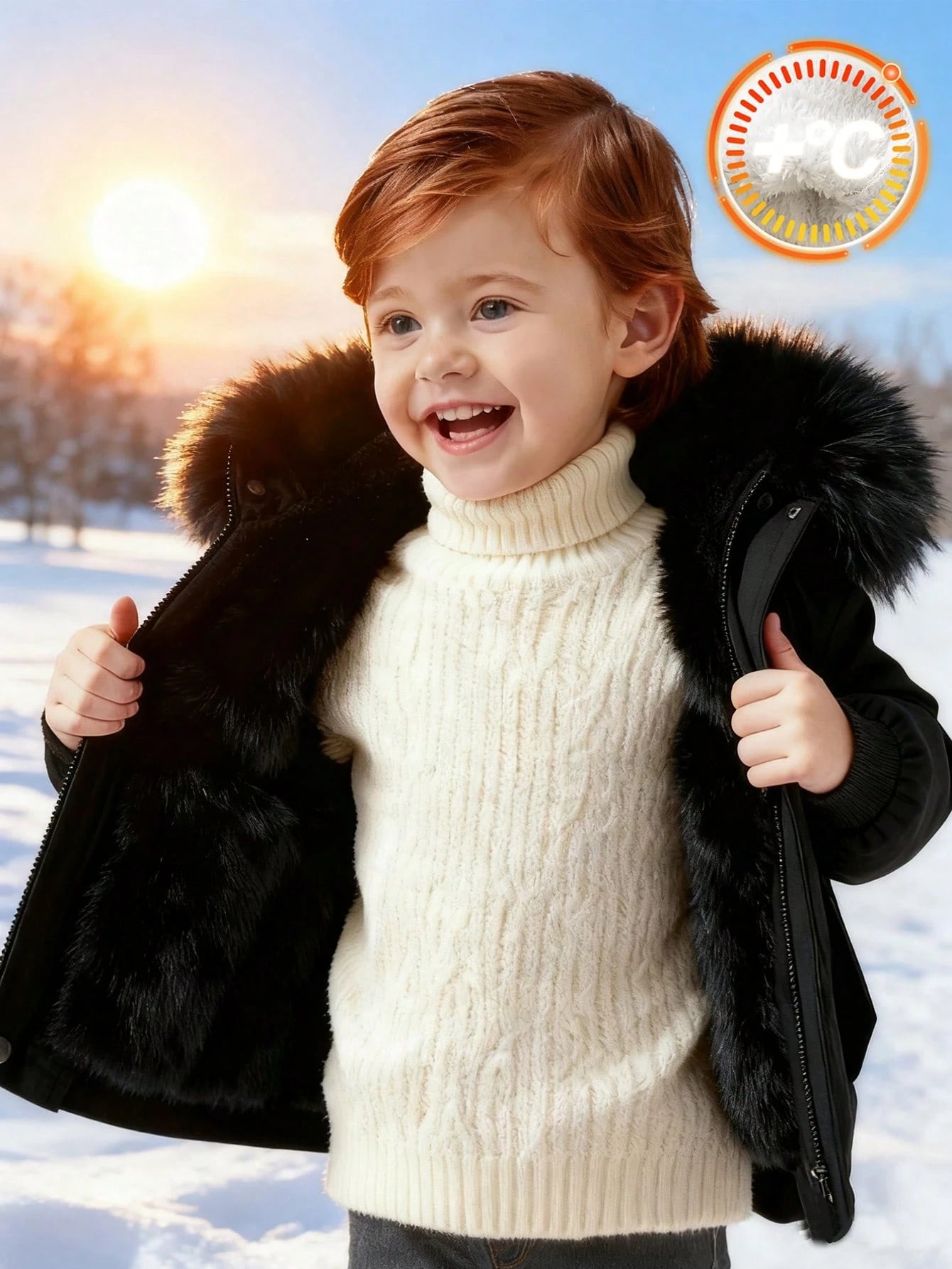 Baby Boys Plain Black Winter Modest Date Padded Hooded Autumn Coat,Faux Fur Collar Thermal Lined Thickened Jacket,Toddler Winter All-Match Outerwear