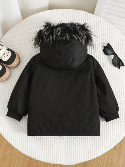 Baby Boys Plain Black Winter Modest Date Padded Hooded Autumn Coat,Faux Fur Collar Thermal Lined Thickened Jacket,Toddler Winter All-Match Outerwear
