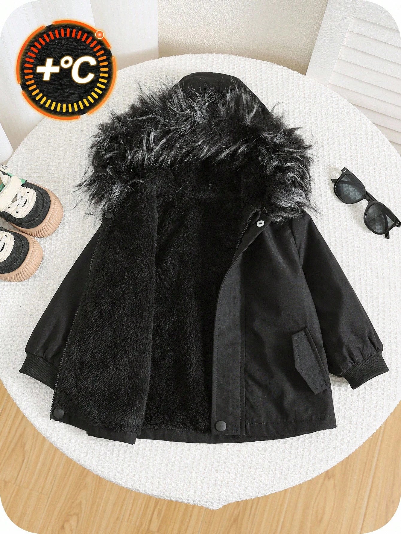 Baby Boys Plain Black Winter Modest Date Padded Hooded Autumn Coat,Faux Fur Collar Thermal Lined Thickened Jacket,Toddler Winter All-Match Outerwear